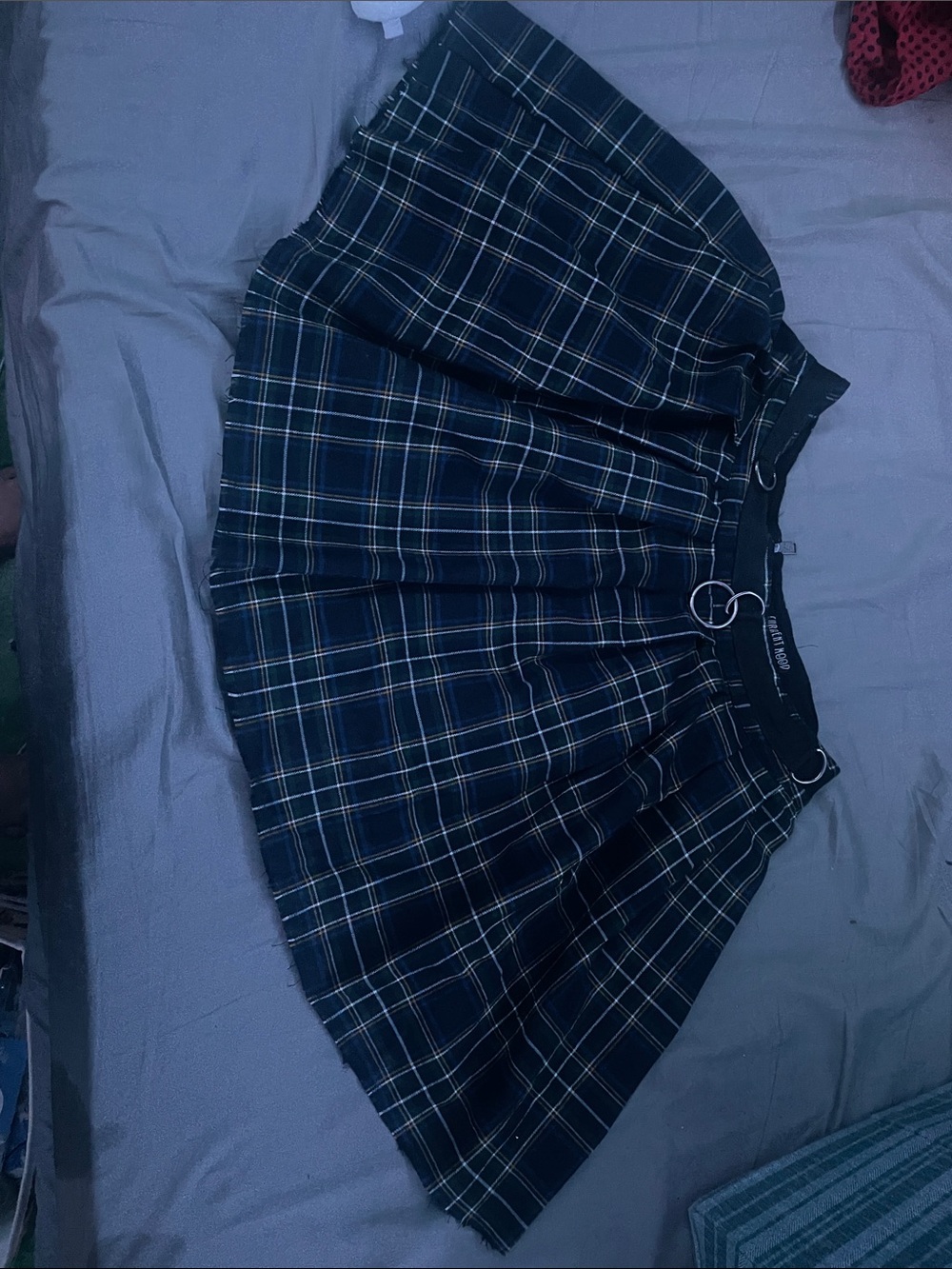 Current Mood Navy Plaid Mini Skirt with Buckle Accent
